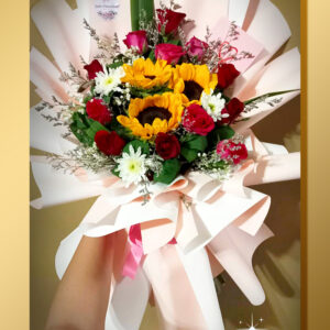 Romantic Bouquet: 12 Red Roses with 3 Sunflowers